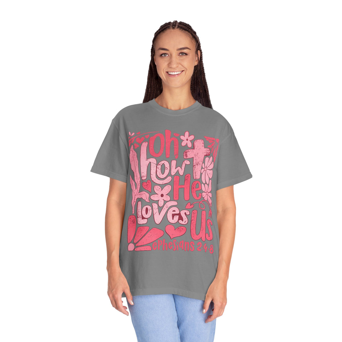 Oh How He Loves Us T-Shirt — Pink Floral Christian Tee (Ephesians 2:4-8)