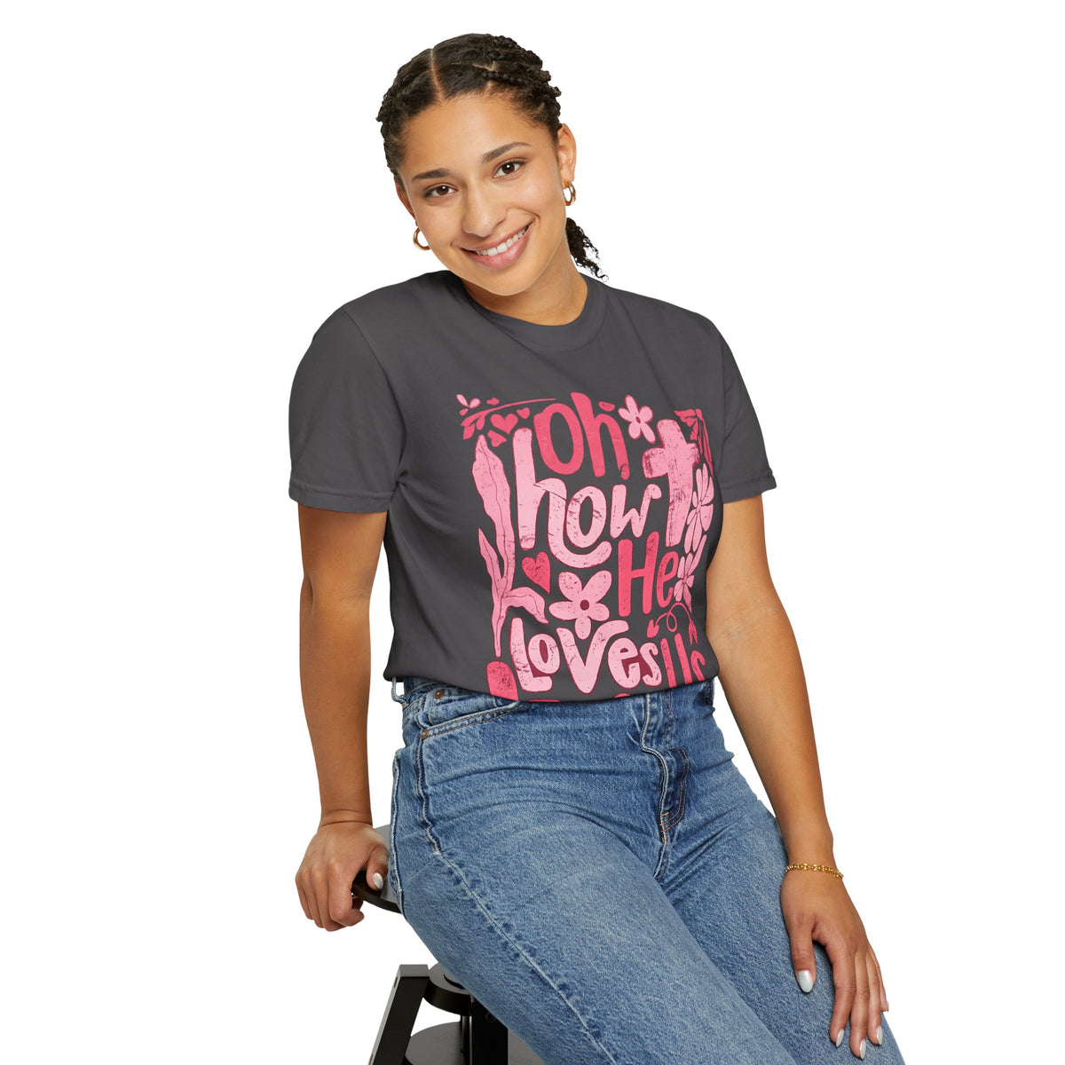 Oh How He Loves Us T-Shirt — Pink Floral Christian Tee (Ephesians 2:4-8)
