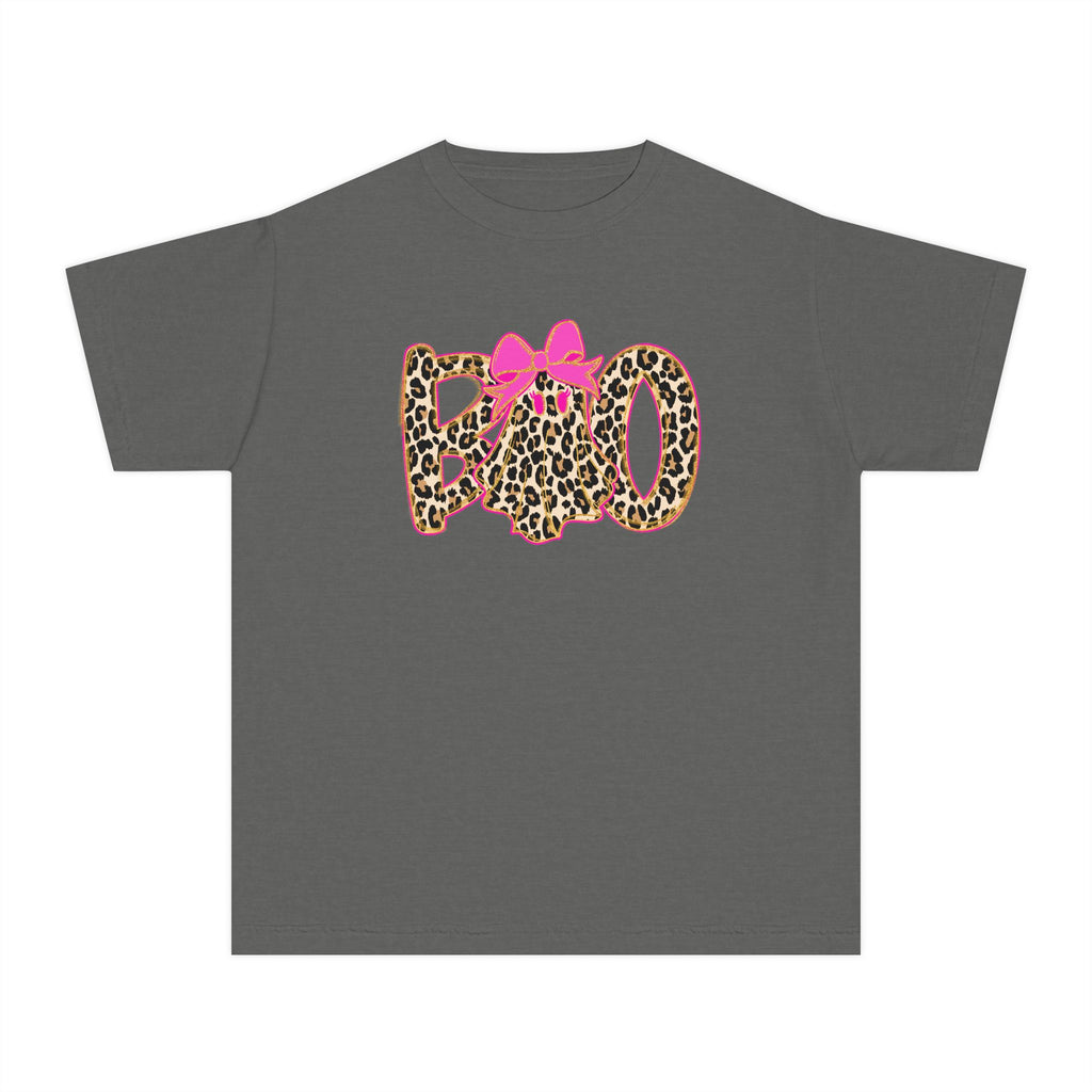 Kids Halloween Tee - Leopard Print 'BOO' with Pink Bow