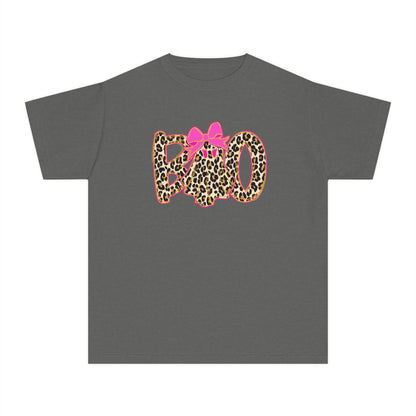 Kids Halloween Tee - Leopard Print 'BOO' with Pink Bow
