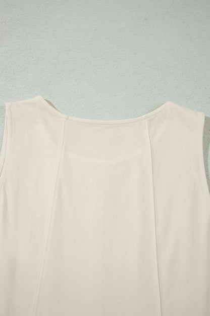 Beige Stitched Detail Loose Tank Top Cotton 2pcs Short Set