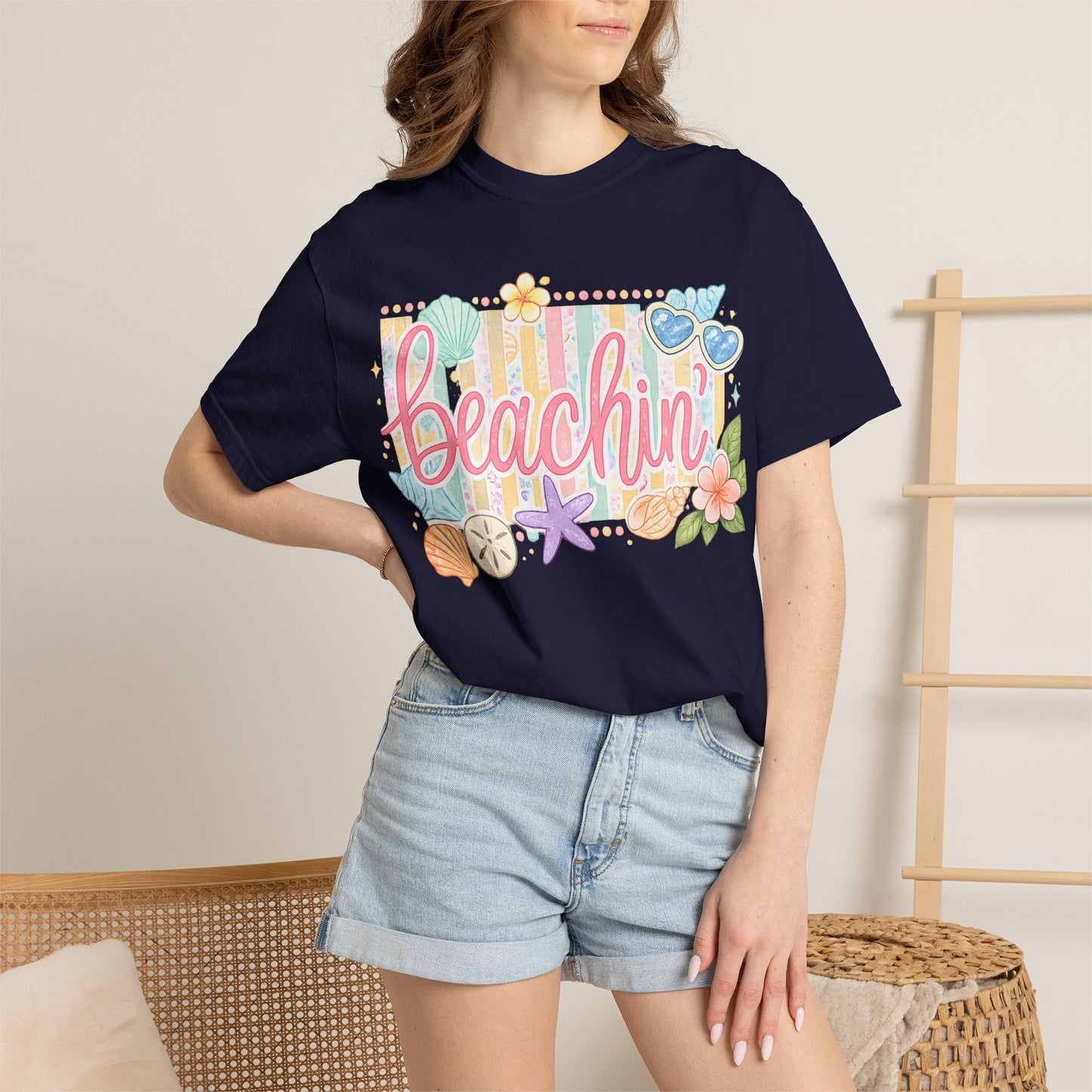 Beachin' T-Shirt — Tropical Summer Graphic Tee with Seashells & Sunglasses