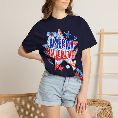 America Hallelujah T-Shirt — Patriotic 4th of July Tee with Red, White & Blue Stars