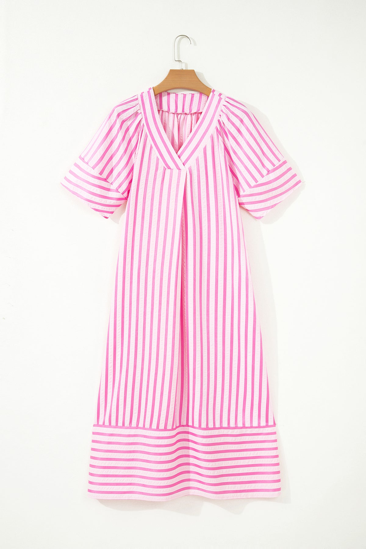 Pink Stripe V Neck Short Sleeve Shift Long Dress