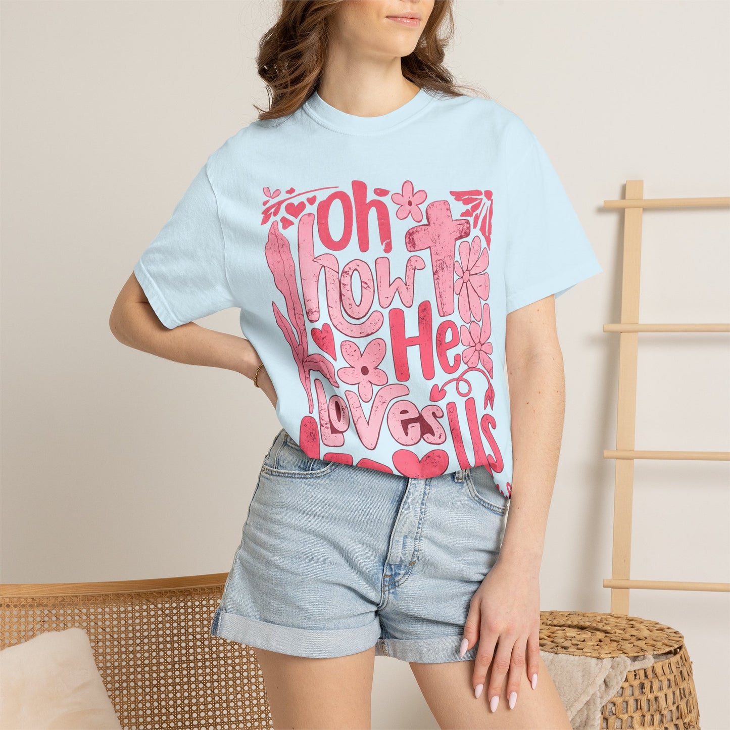 Oh How He Loves Us T-Shirt — Pink Floral Christian Tee (Ephesians 2:4-8)