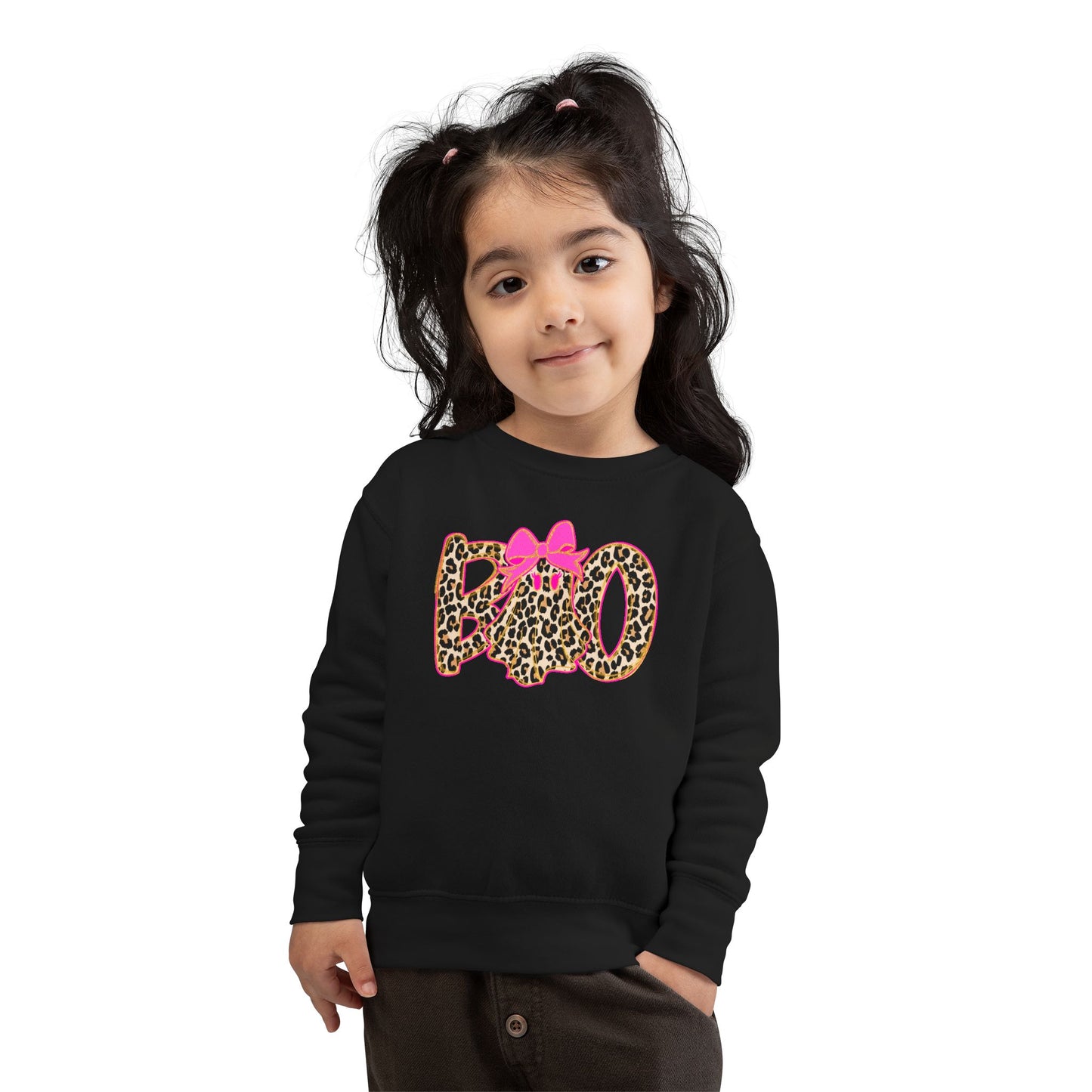 BOO Leopard Toddler Sweatshirt — Pink Bow Halloween Kids Pullover