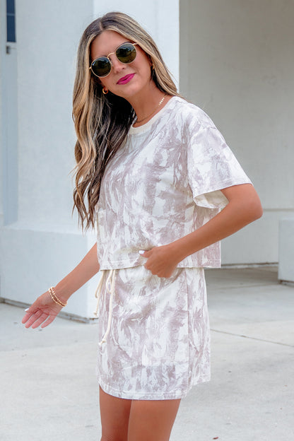Gray Woodland Camo Print Raw Edge Cropped Top Skirt Set