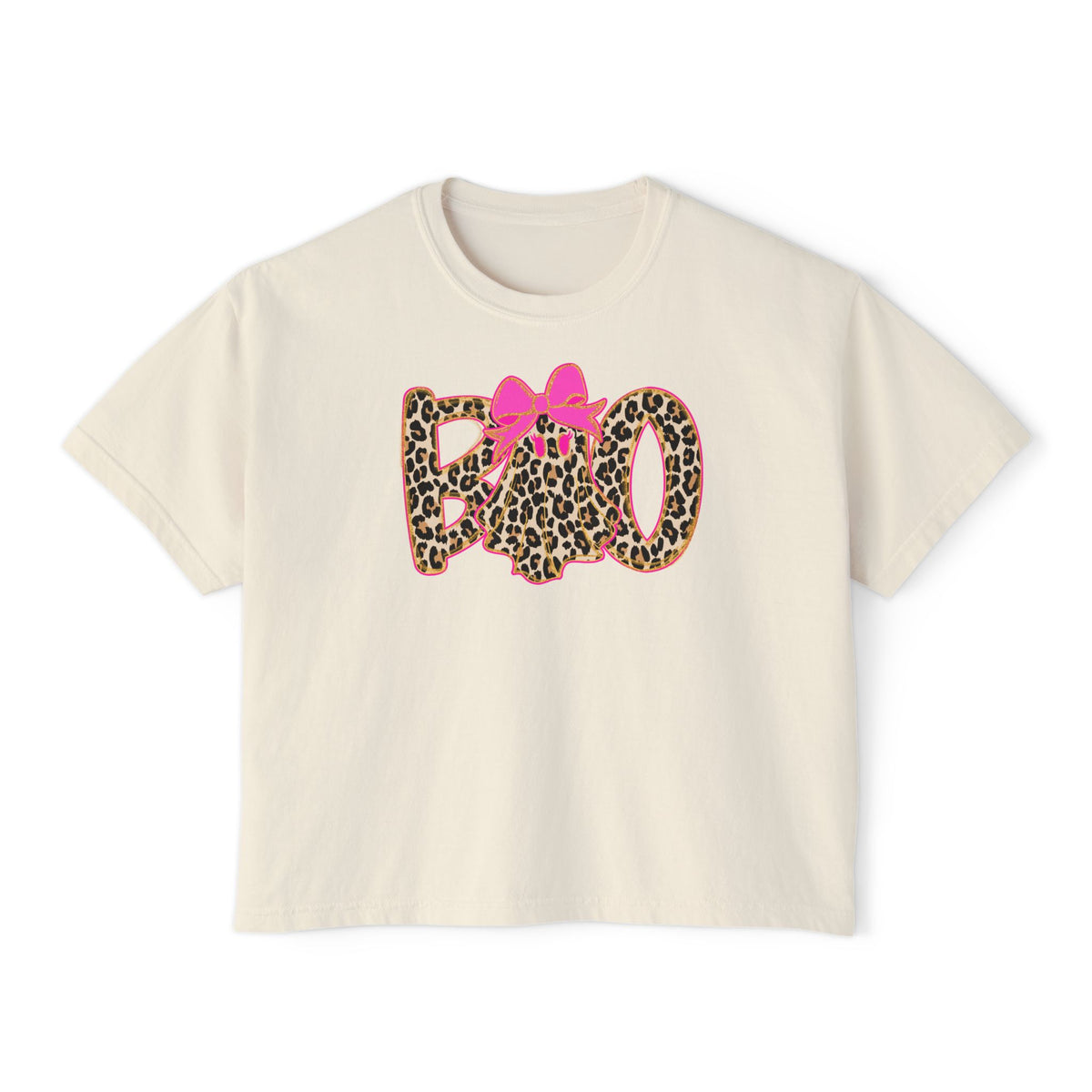 Leopard 'Boo' Halloween Women's Boxy Tee — Cute Pink Bow Spooky Graphic Shirt