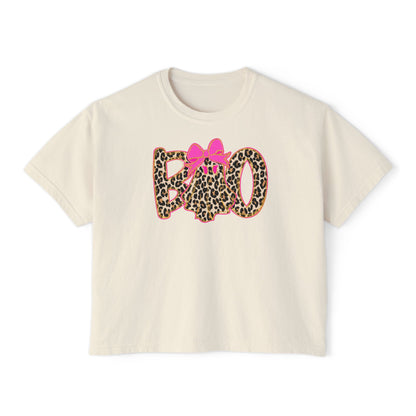 Leopard 'Boo' Halloween Women's Boxy Tee — Cute Pink Bow Spooky Graphic Shirt