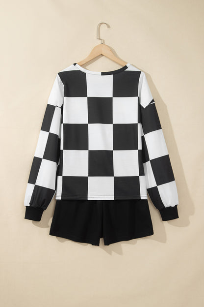 Khaki Checkerboard Plaid Long Sleeve Solid Color Shorts 2pcs Set