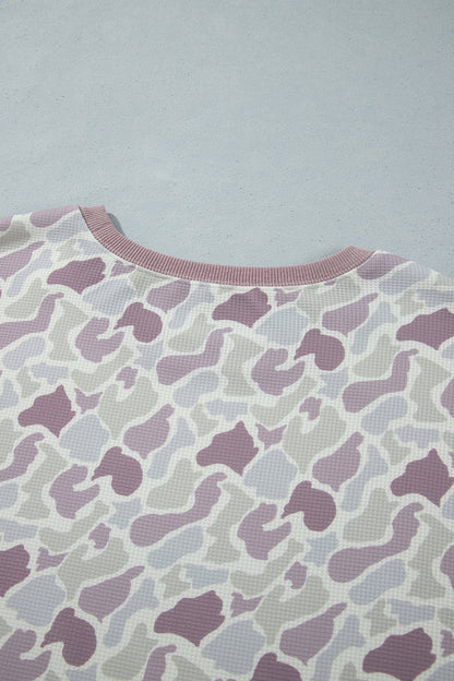 Green Camouflage Print Waffle Textured Pullover and Shorts Plus Size 2pcs Set