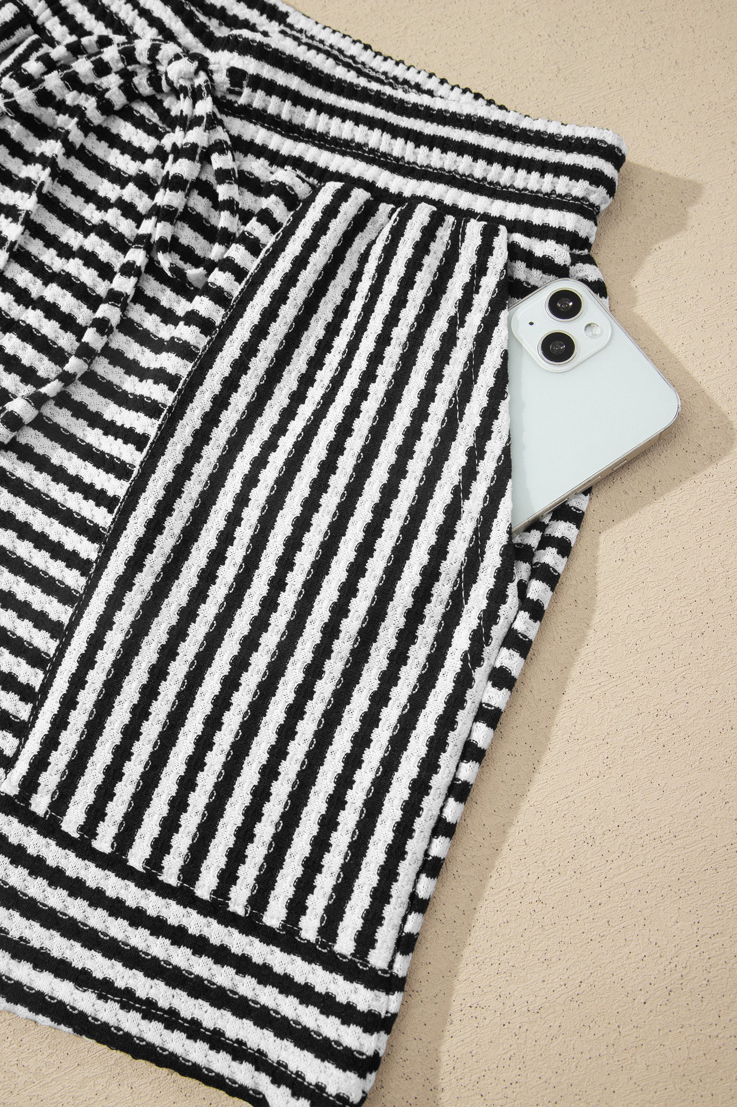 Black Stripe Breathable Textured Knit Short 2pcs Set
