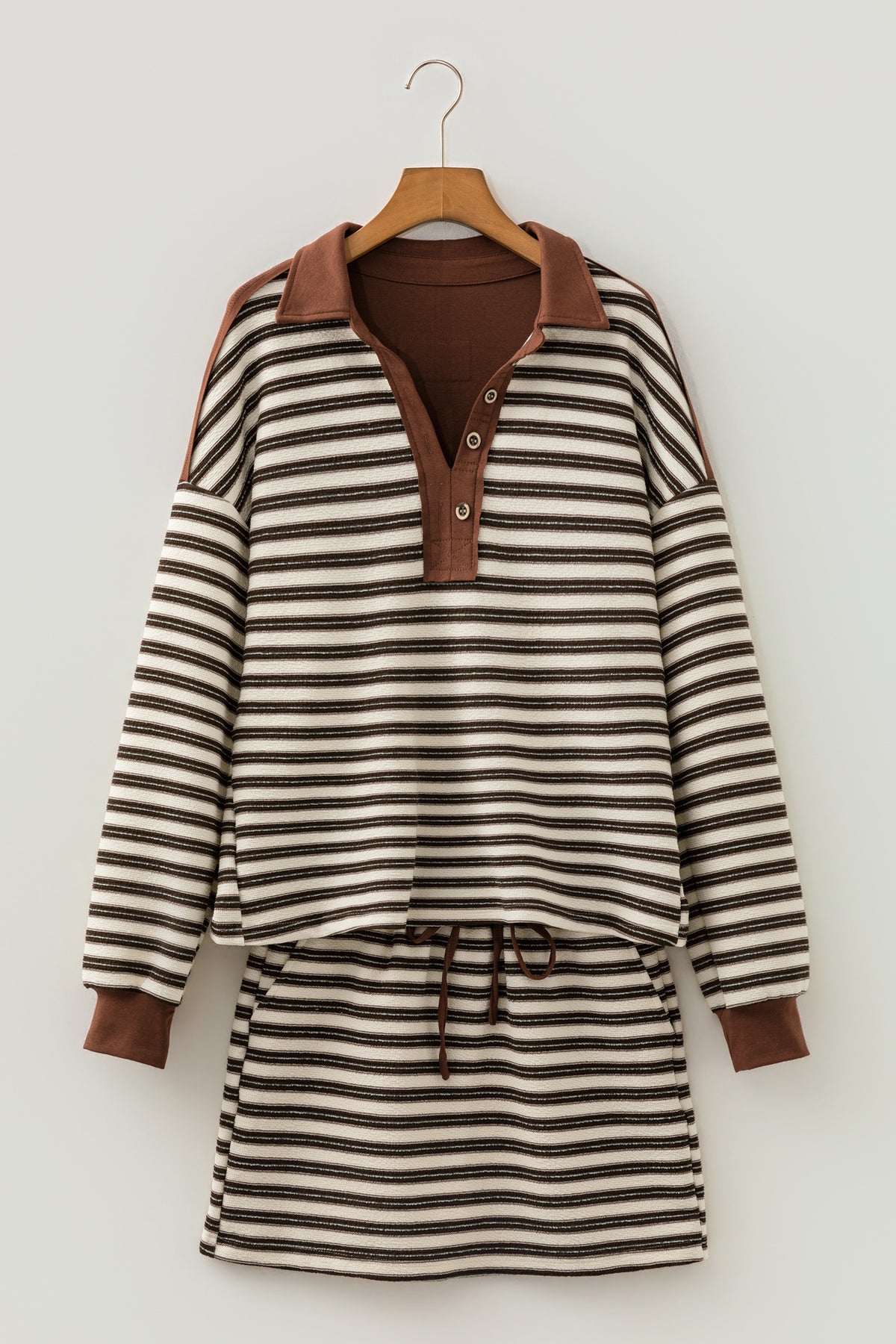 Brown Stripe Contrast Trim Button Neck Long Sleeve Top Drawstring Mini Skirt Set