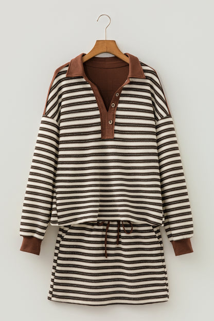 Brown Stripe Contrast Trim Button Neck Long Sleeve Top Drawstring Mini Skirt Set