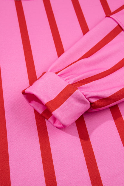 Pink Stripe Dropped Shoulder Round Neck Casual Sweatshirt