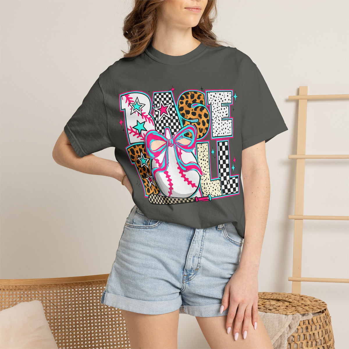 Baseball Mom Graphic T-Shirt — Colorful Leopard Print "Baseball" Design