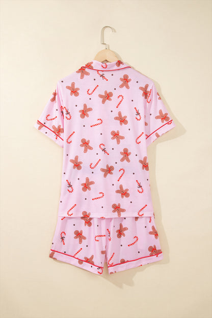 Pink Short Sleeve Placket Shell Button Elastic Waist Lounge Set