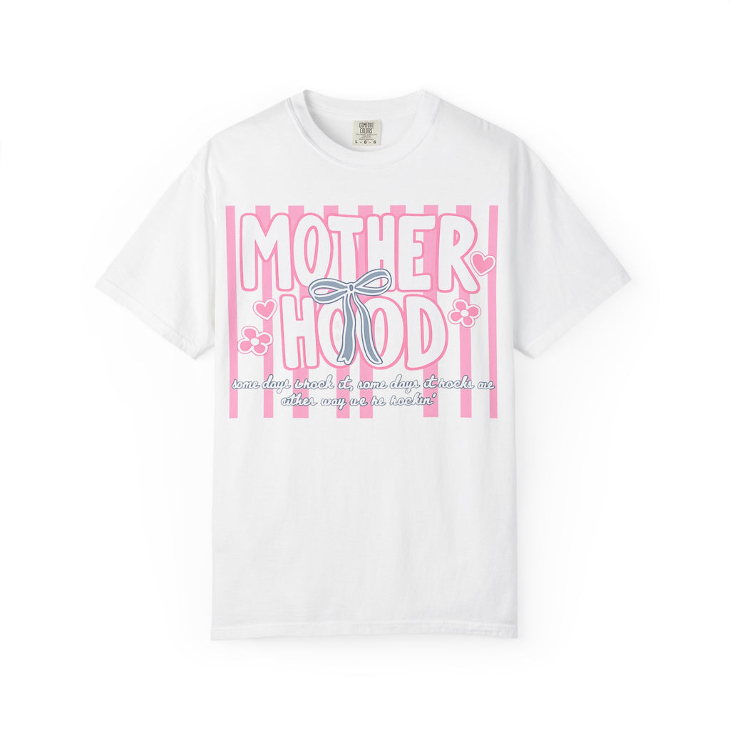 Motherhood Graphic T-Shirt — Pink Striped Mom Shirt ("MOTHERHOOD")