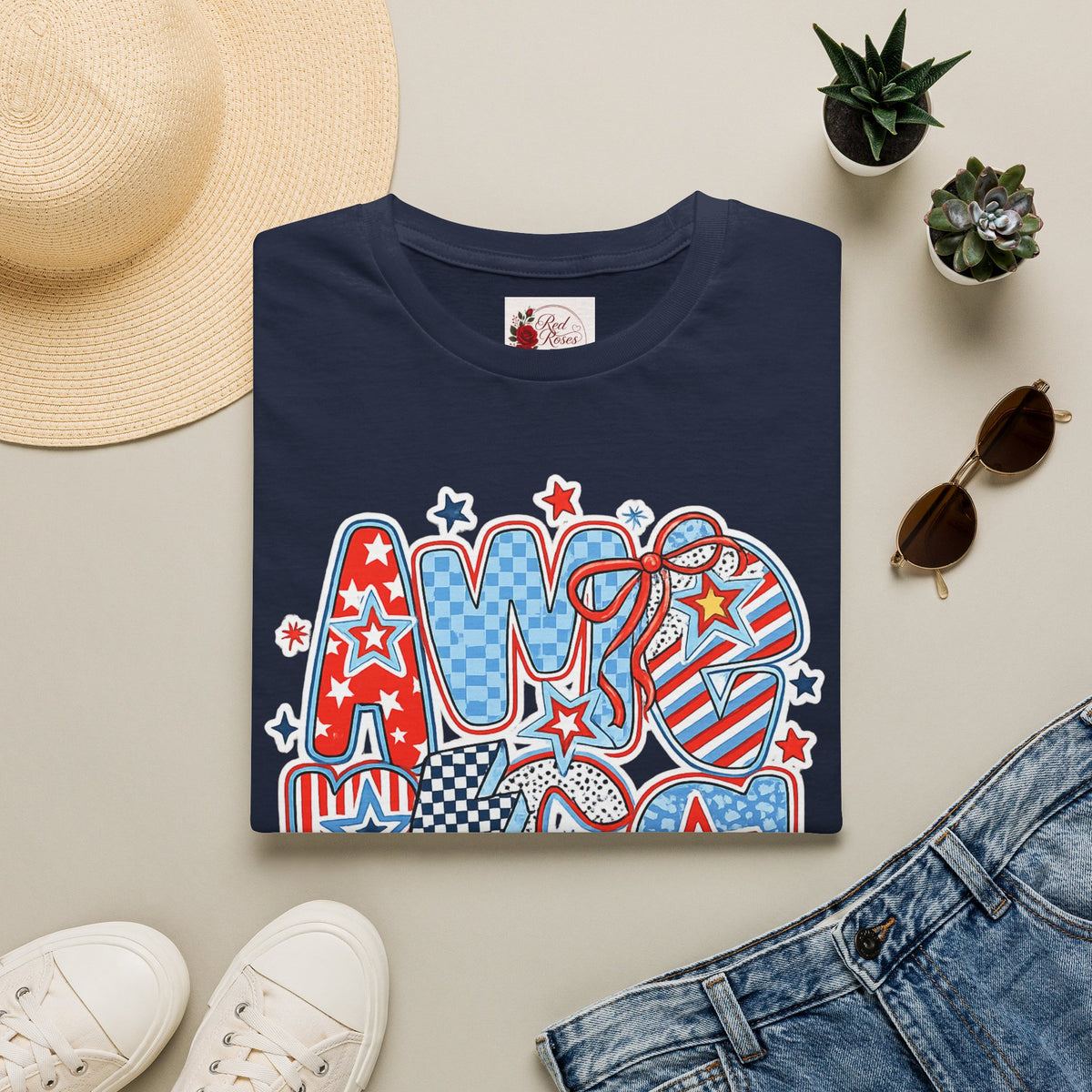 Patriotic AMERICA Graphic T-Shirt — Red White Blue Stars & Stripes Tee
