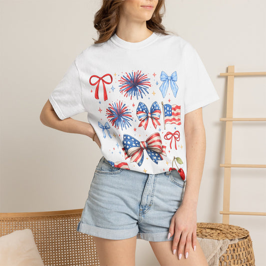 Patriotic Bows & Fireworks T-Shirt — 4th of July American Flag Graphic Tee