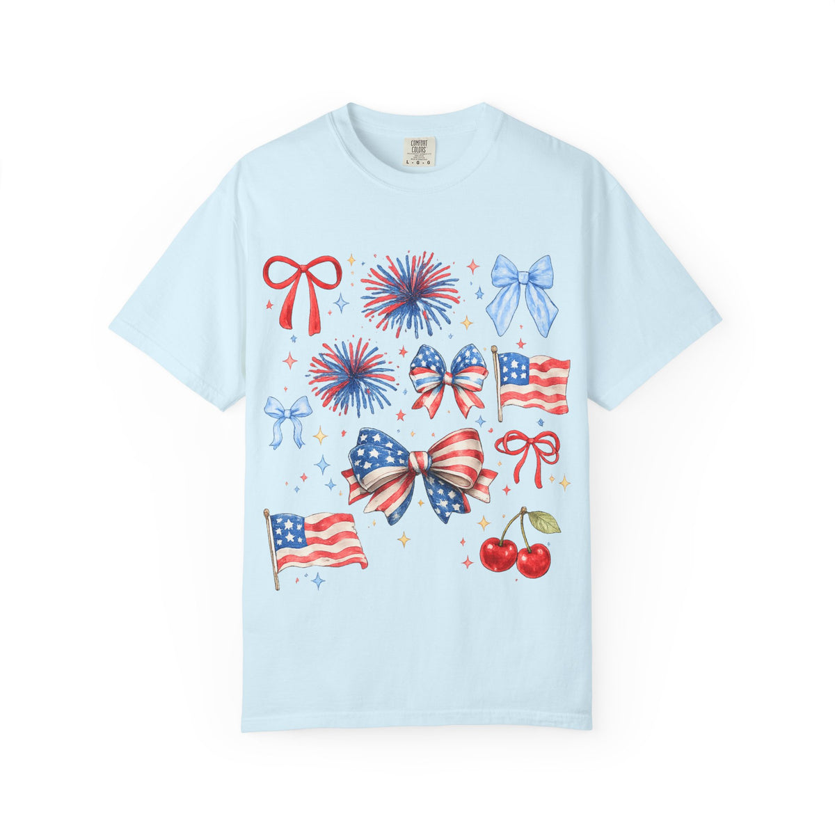 Patriotic Bows & Fireworks T-Shirt — 4th of July American Flag Graphic Tee