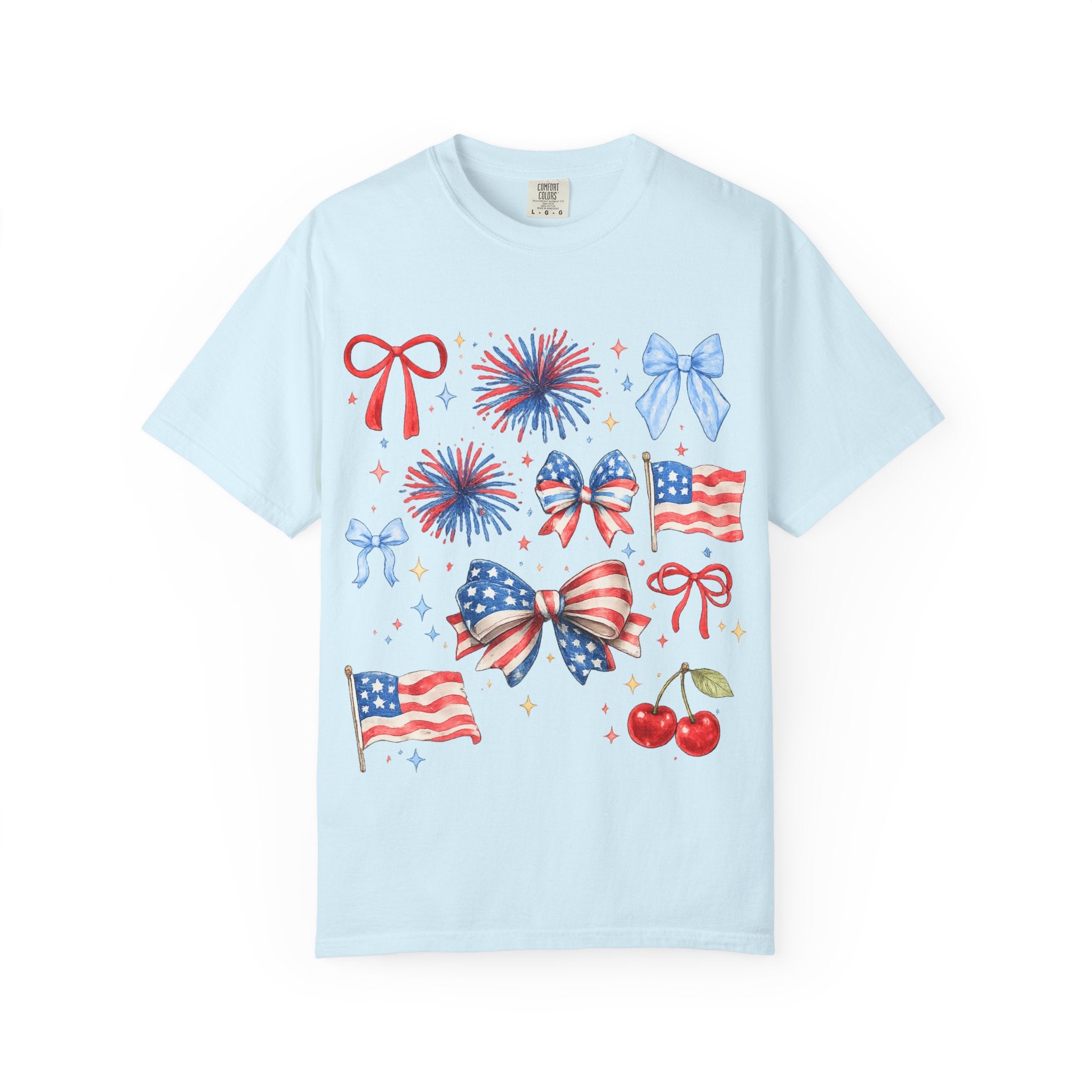 Patriotic Bows & Fireworks T-Shirt — 4th of July American Flag Graphic Tee