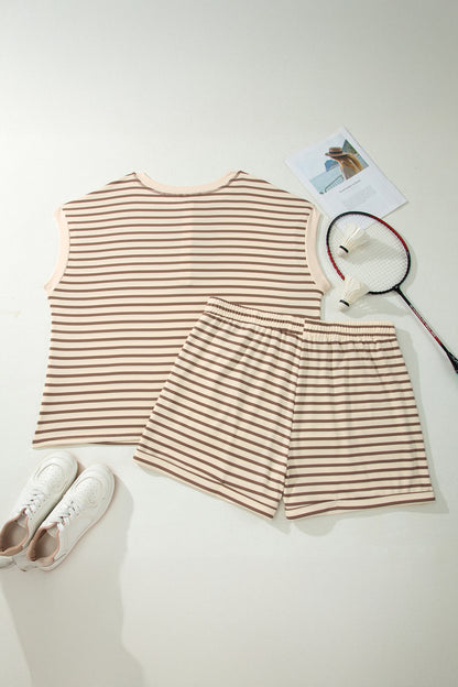 Brown Stripe Plus Size Half Buttons Top and Shorts Set