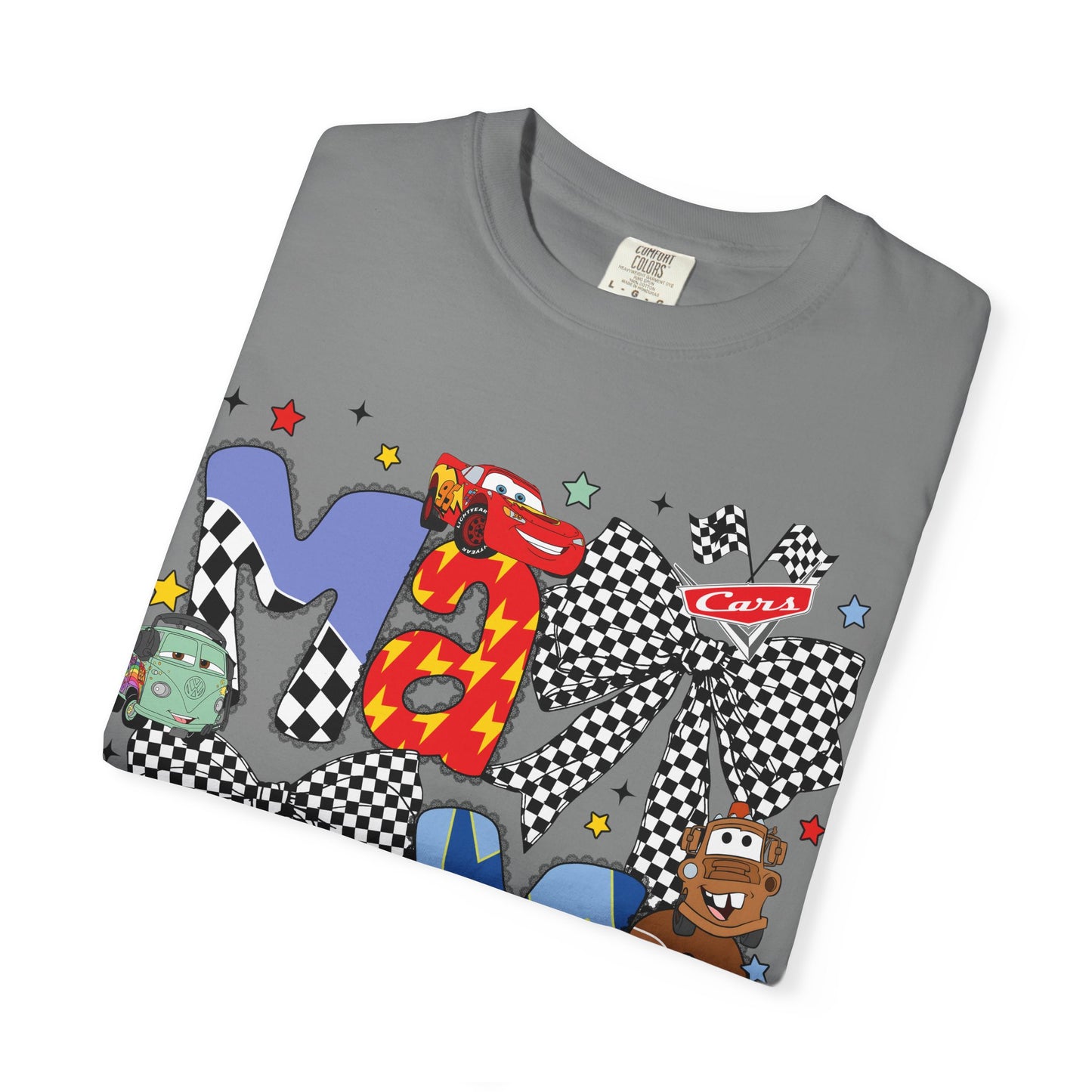 Graphic Tee — Playful 'MAMA' Cartoon Letter Shirt with Checkerboard Bows