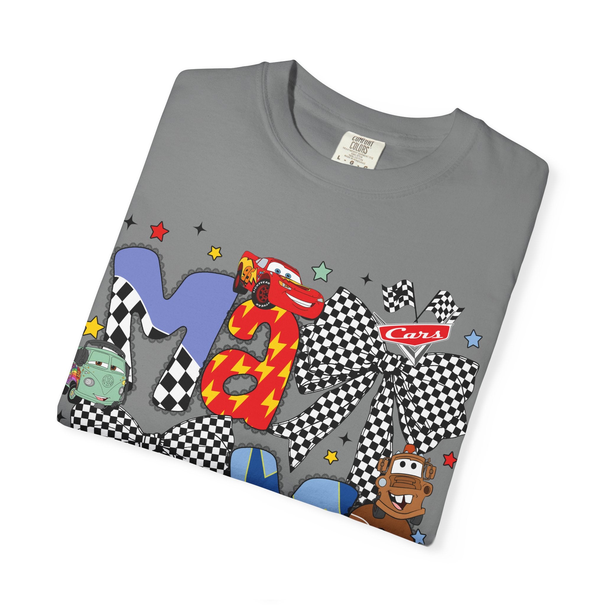 Graphic Tee — Playful 'MAMA' Cartoon Letter Shirt with Checkerboard Bows