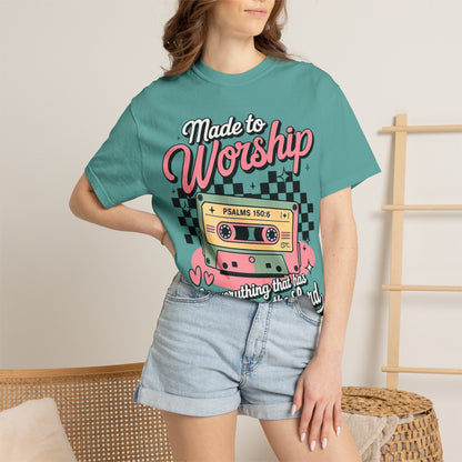 Made to Worship T‑Shirt – Retro Cassette Christian Tee (Psalm 150:6)