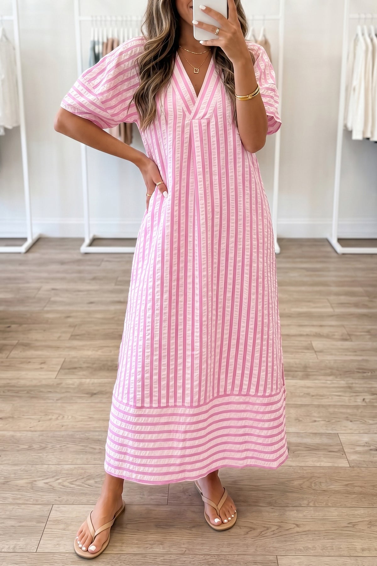 Pink Stripe V Neck Short Sleeve Shift Long Dress