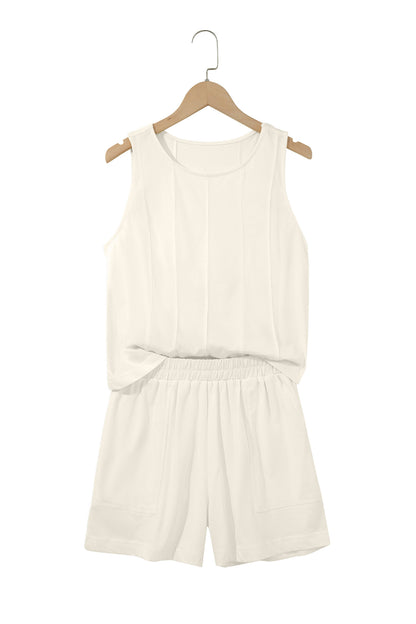 Beige Stitched Detail Loose Tank Top Cotton 2pcs Short Set