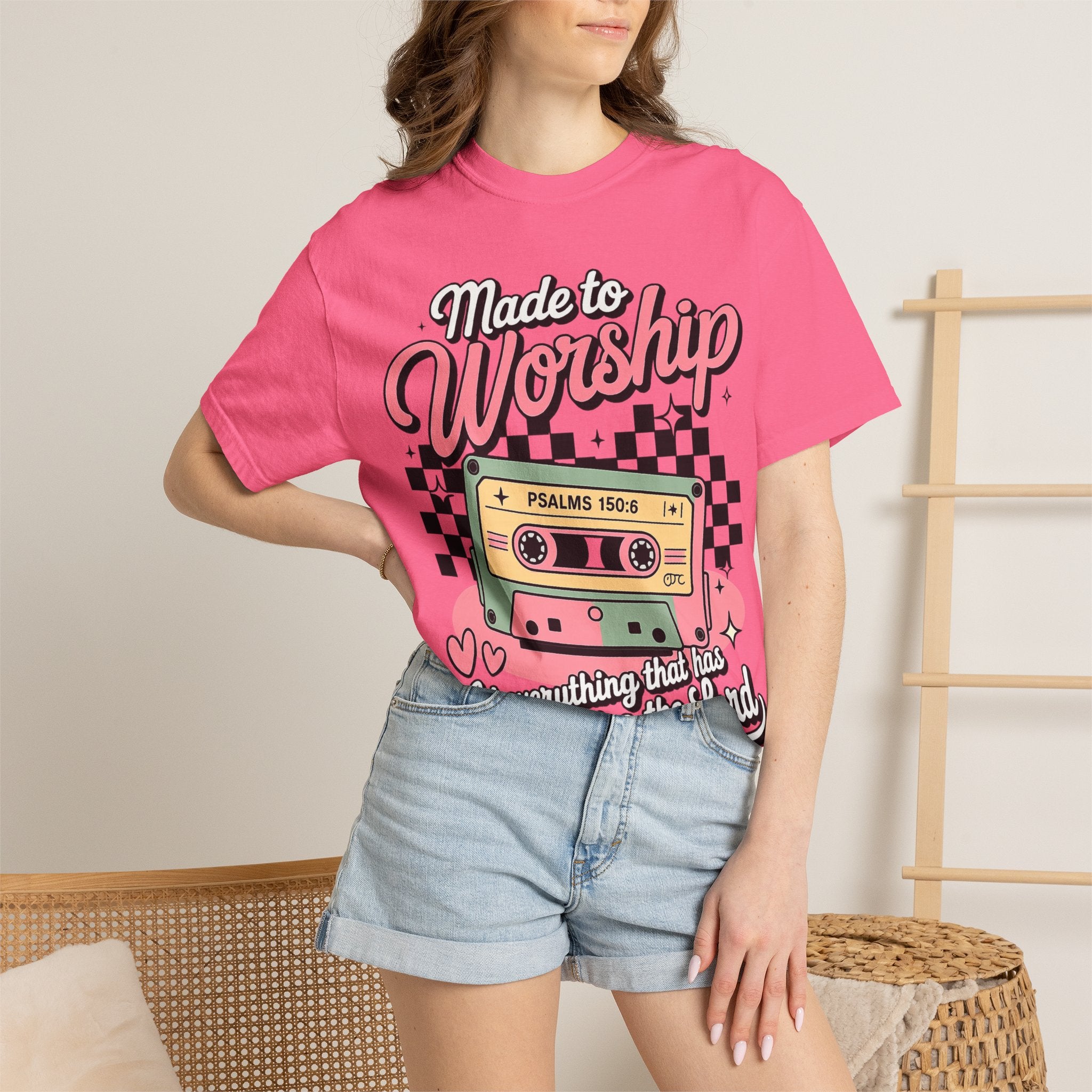 Made to Worship T‑Shirt – Retro Cassette Christian Tee (Psalm 150:6)