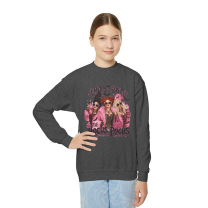 Hocus Pocus Youth Sweatshirt – "I’m Just Here for the Hocus Pocus" Halloween Crewneck