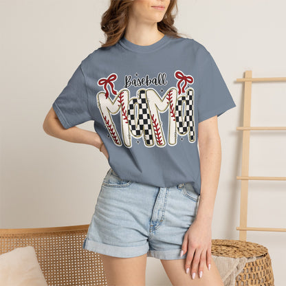 Baseball Mom T-Shirt — Vintage Checker & Stitch Graphic