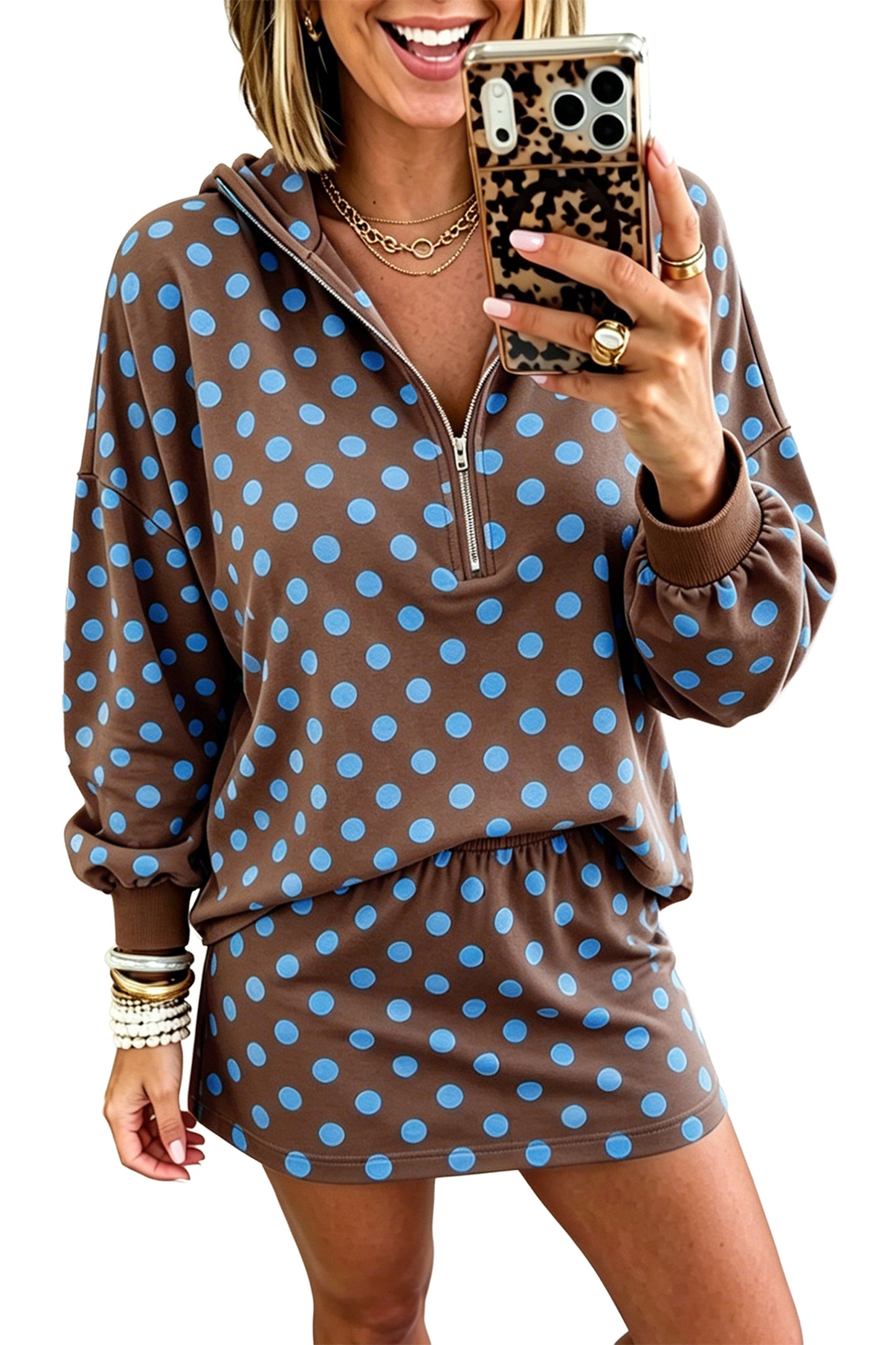Khaki Polka Dot Hooded Long Sleeve Top Casual Mini Skort Set