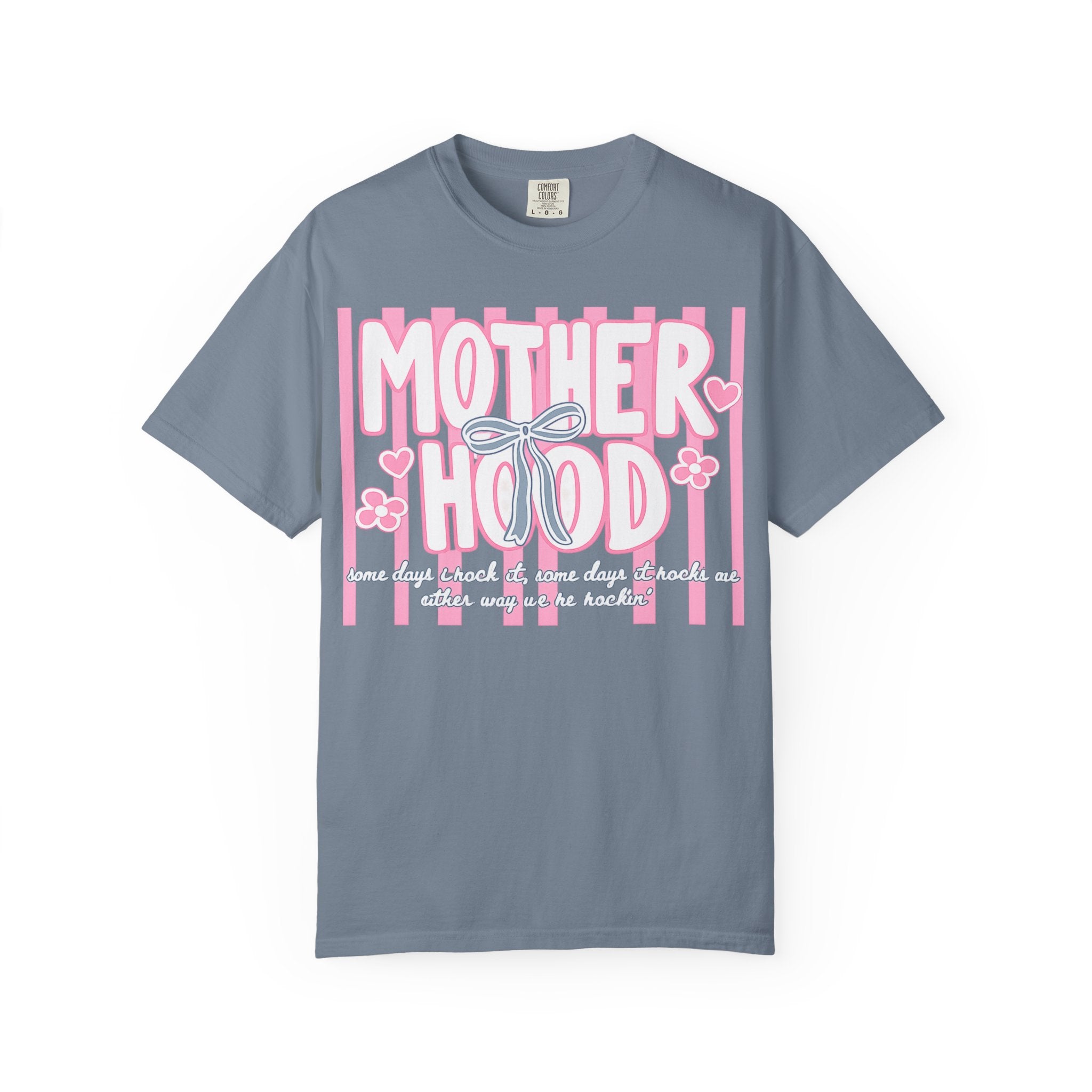 Motherhood Graphic T-Shirt — Pink Striped Mom Shirt ("MOTHERHOOD")