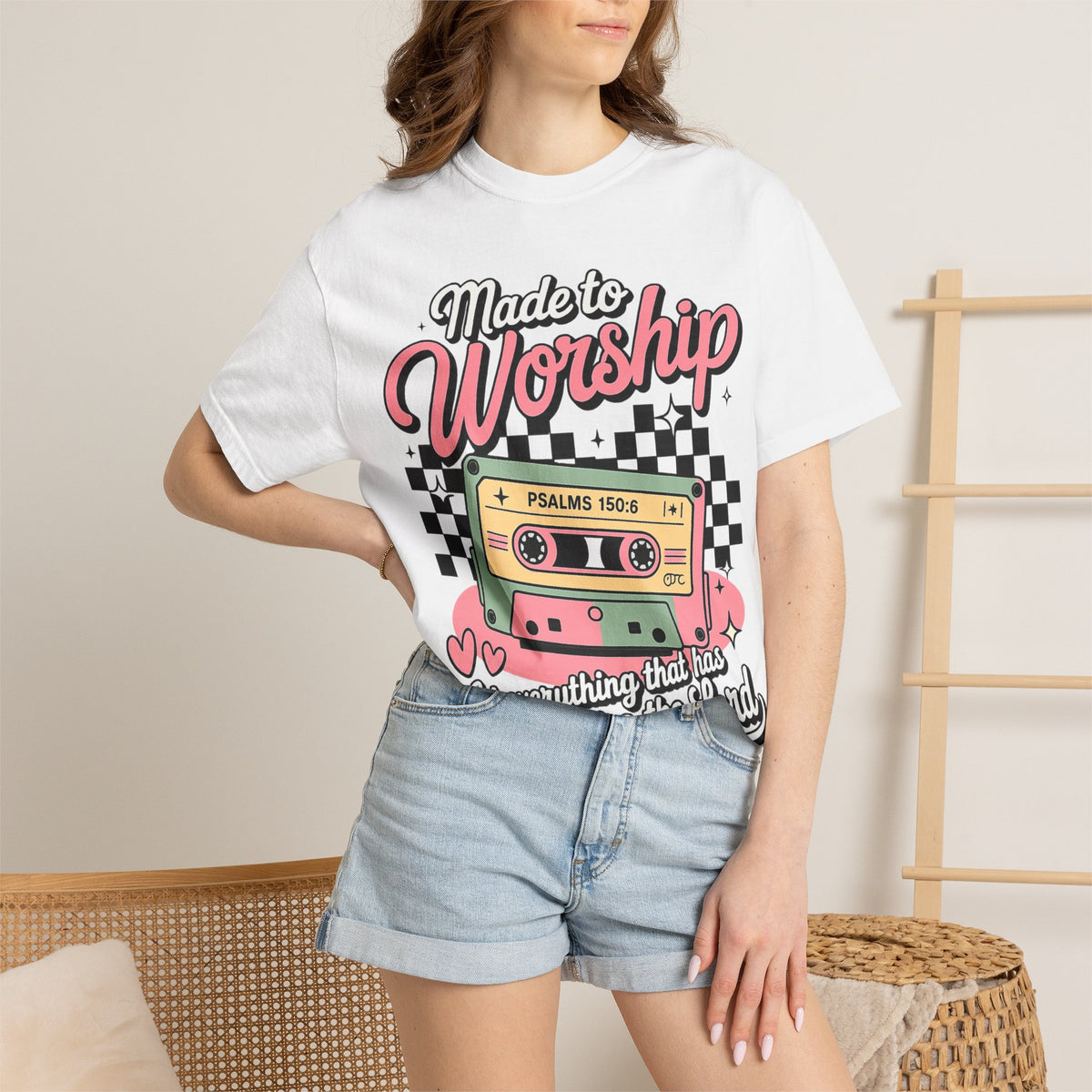 Made to Worship T‑Shirt – Retro Cassette Christian Tee (Psalm 150:6)