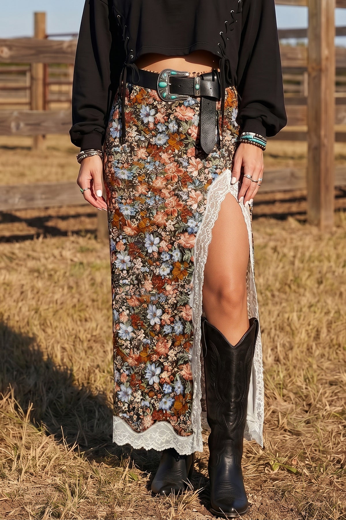 Brown Cheetah Print Trim Split Long Western Skirt