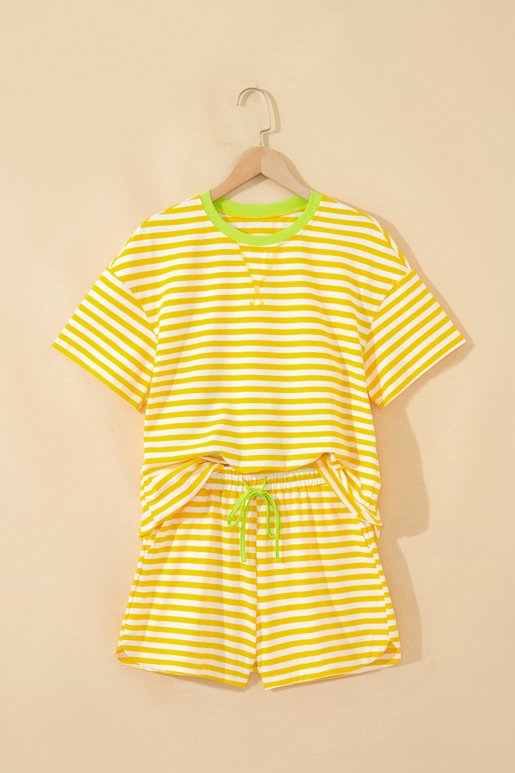 Sky Blue Stripe Contrast Neck Loose Tee and Drawstring Set
