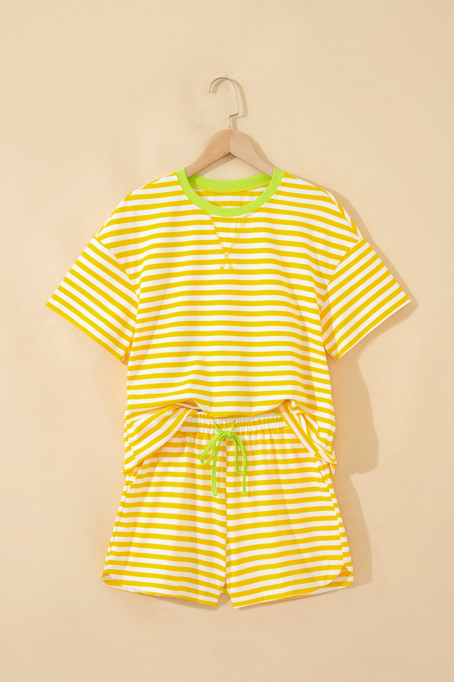 Sky Blue Stripe Contrast Neck Loose Tee and Drawstring Shorts Set