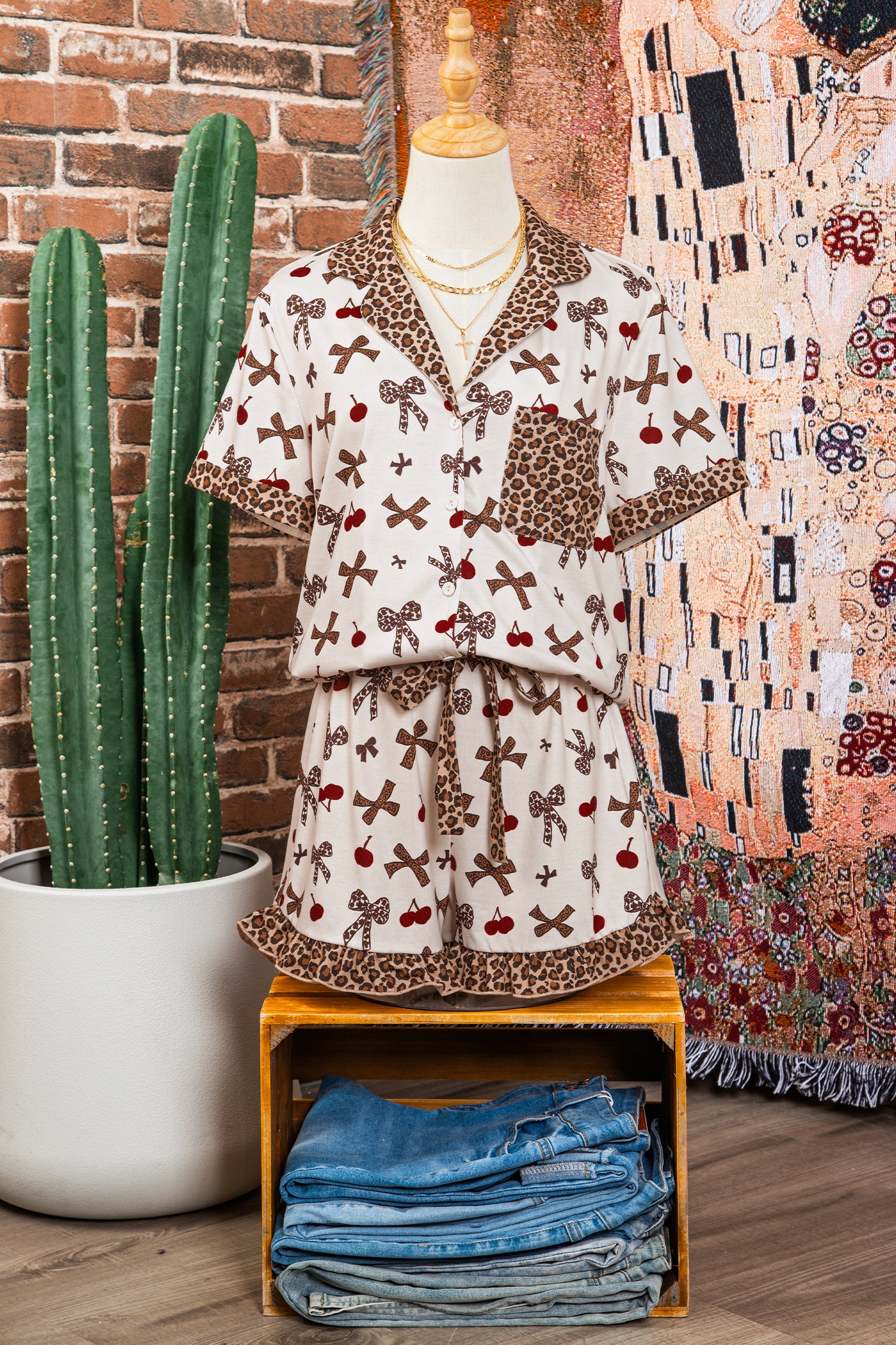 White Chic Bow Cherry Printed Leopard Contrast Patchwork Shirt 2pcs PJ Set