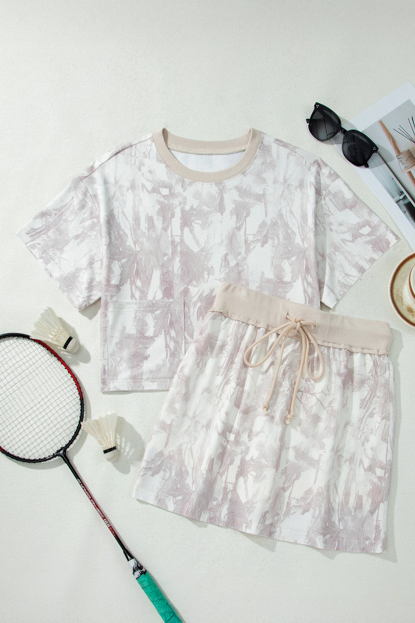 Gray Woodland Camo Print Raw Edge Cropped Top Skirt Set