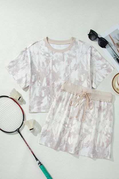 Gray Woodland Camo Print Raw Edge Cropped Top Skirt Set