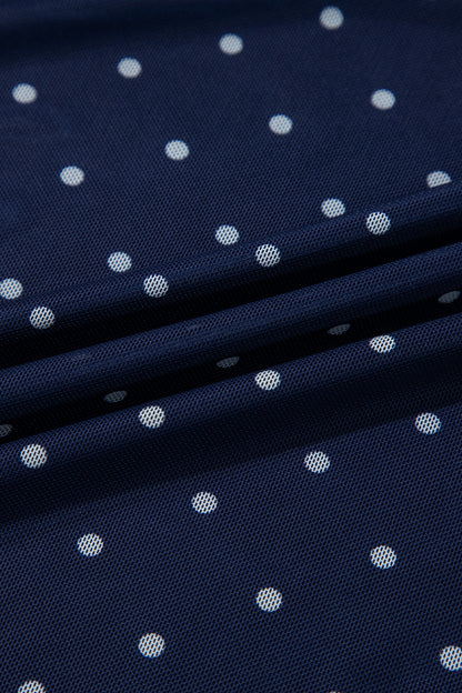 Blue Off Shoulder Polka Dot Mesh Long Sleeve Sheath Top