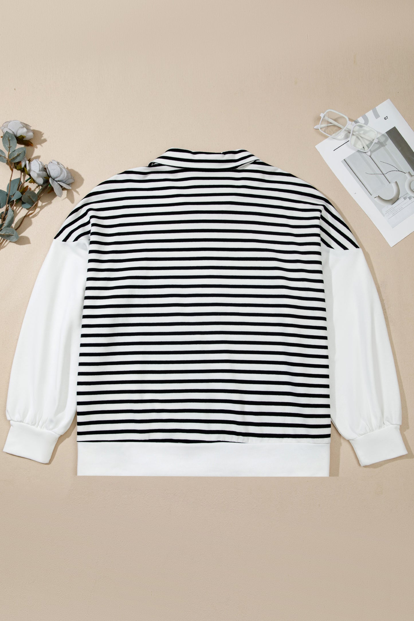 White Stripe Striped Colorblock V Neck Long Sleeve Shift Plus Size Blouse