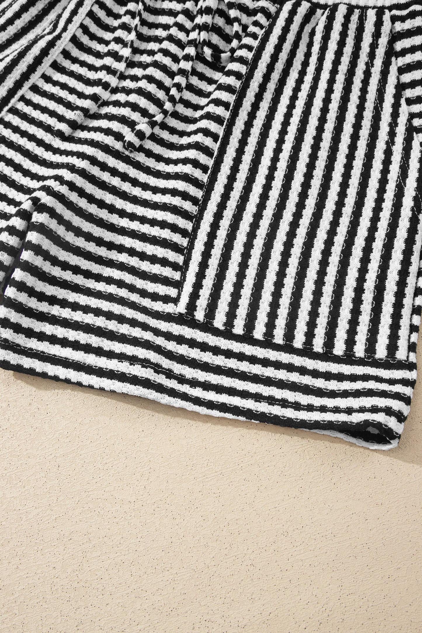 Black Stripe Breathable Textured Knit Short 2pcs Set