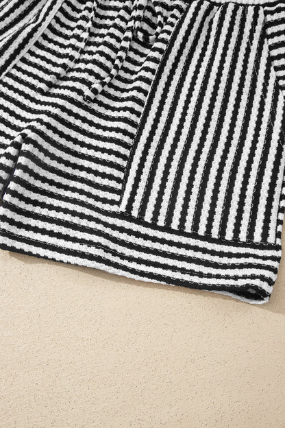 Black Stripe Breathable Textured Knit Short 2pcs Set