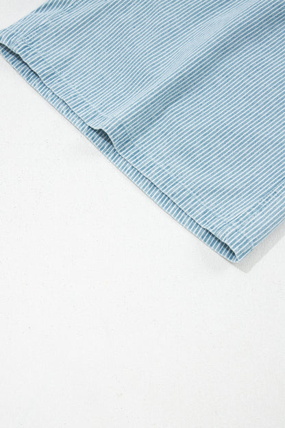 Sky Blue Stripe Plus Size Contrast Drawstring Elastic Waist Denim Shorts