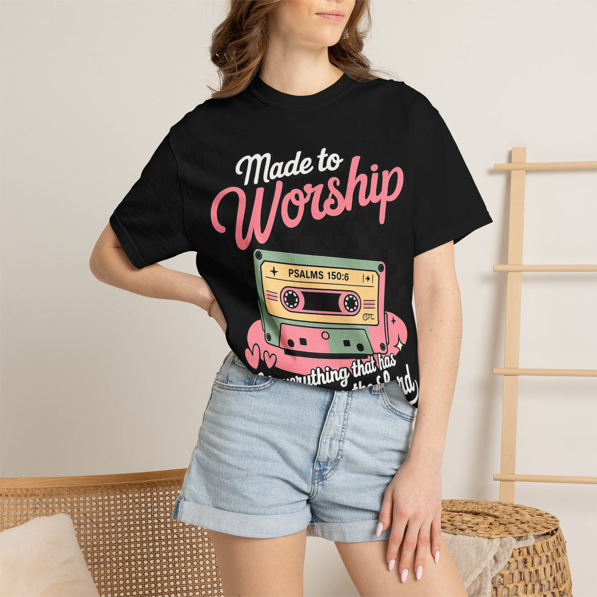 Made to Worship T‑Shirt – Retro Cassette Christian Tee (Psalm 150:6)
